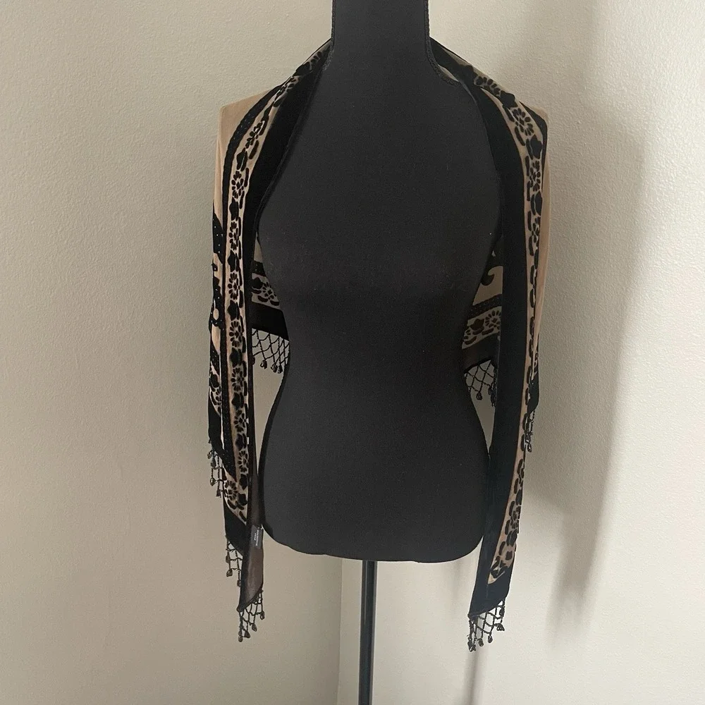 Silk Velvet Burnout Devore Triangle Shawl Scarf Wrap Beaded Fringe Floral Boho